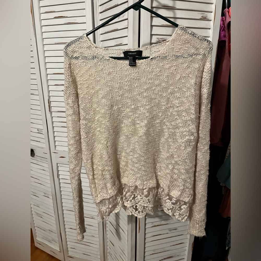 Forever 21 Cream Knit Sweater with Lace Hem